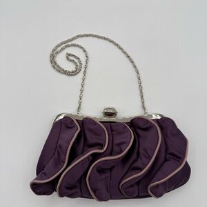 Dollhouse Satin Ruffled Front Jeweled Kiss-Lock Purple Handbag ClutchFormal Prom